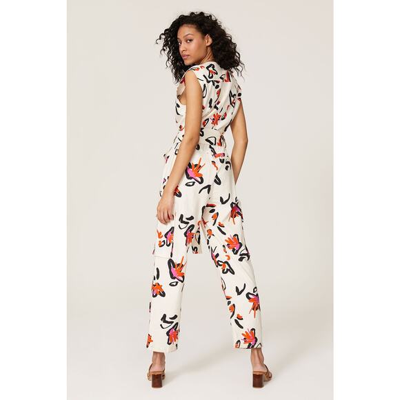 TANYA TAYLOR Margot Orange Blooms Floral Linen Blend Jumpsuit Size 10 - Picture 2 of 10